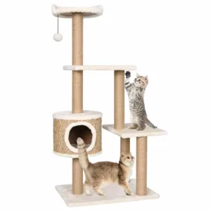 Beige Flakeboard Cat Tree , Large Multi-Level Tower with Condo, Sisal Scratching Posts & Hanging Toy