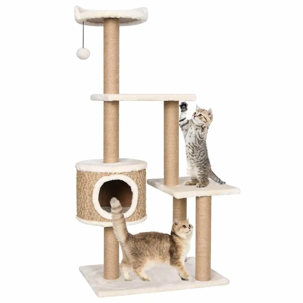 Beige Flakeboard Cat Tree , Large Multi-Level Tower with Condo, Sisal Scratching Posts & Hanging Toy