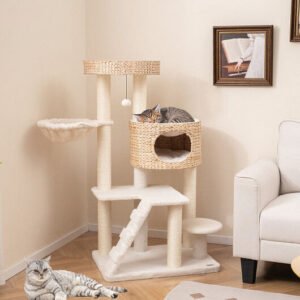 White + Natural Cattail Cozy Cat Tree , Modern Indoor Tower with Cattail-Fluff Condo, Top Perch & Hanging Basket