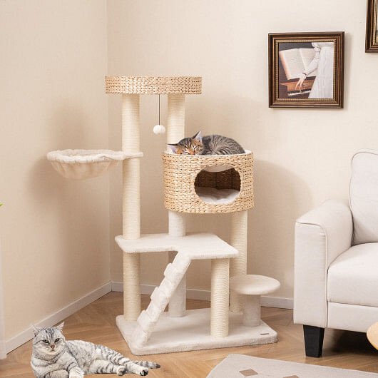 White + Natural Cattail Cozy Cat Tree , Modern Indoor Tower with Cattail-Fluff Condo, Top Perch & Hanging Basket